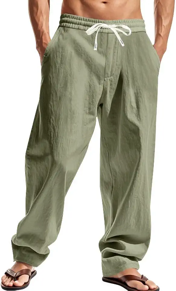 Mens Linen Pants Casual Summer Beach Pants Elastic Waist Drawstring Lightweight Vacation Trousers with Pockets