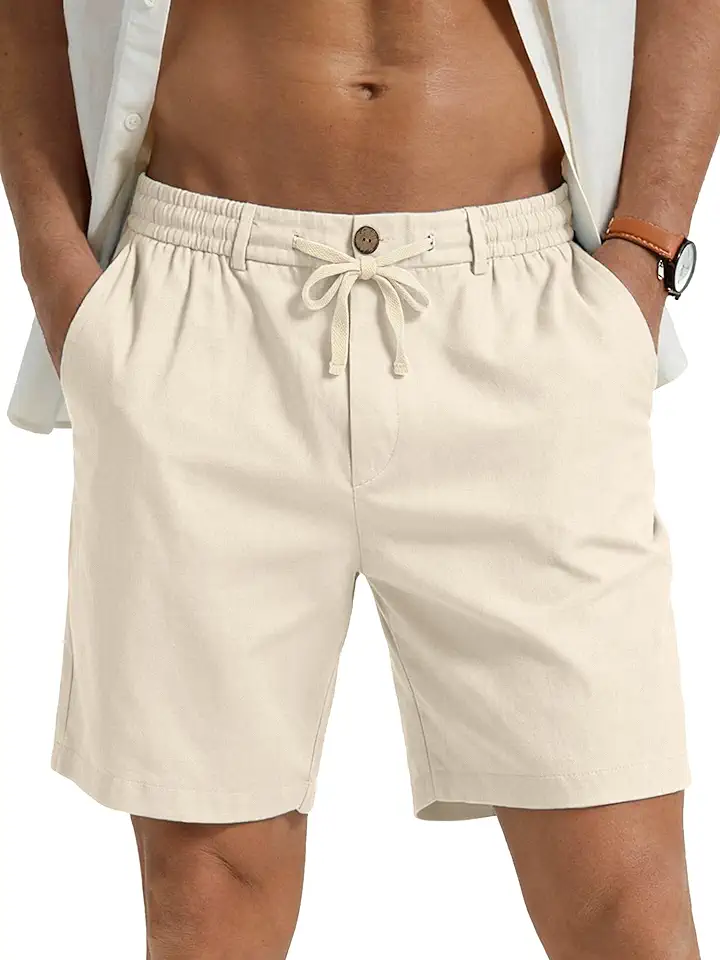 PLEPAN Mens Casual Linen Shorts - 7 inch Elastic Waist Drawstring Summer Beach Vacation Short