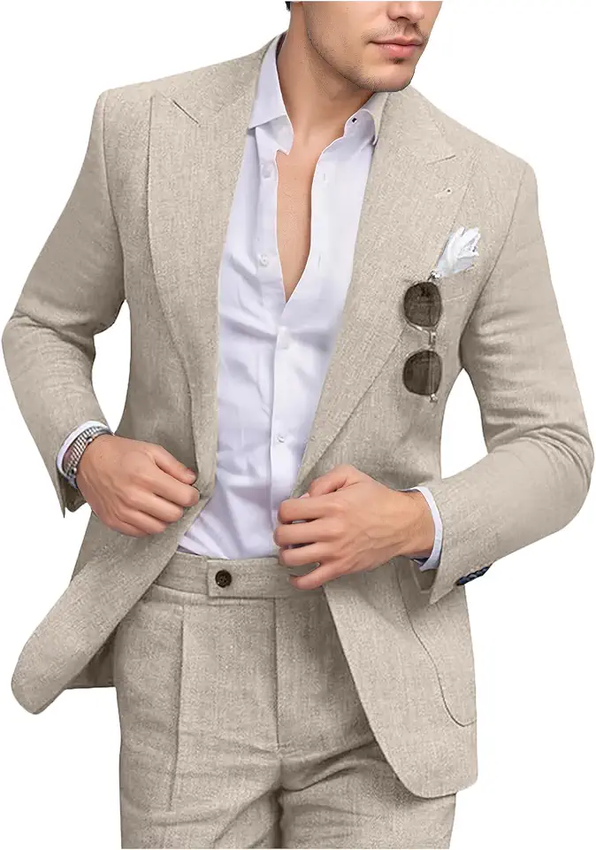 Global Recycled Standard Men's Retro Suit 2 Piece Linen Summer Suits Casual Blazer Pants Set