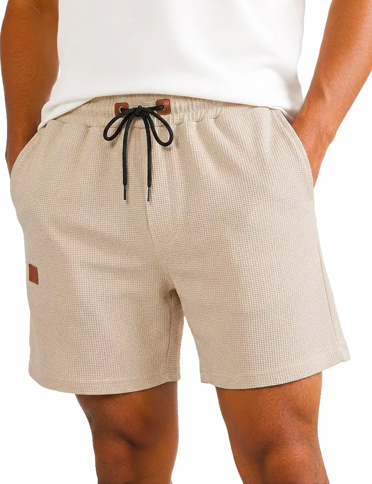 Men's Shorts Casual 5" Waffle Elastic Waist Drawstring Lightweight Loose Fit Beach Shorts with Pockets