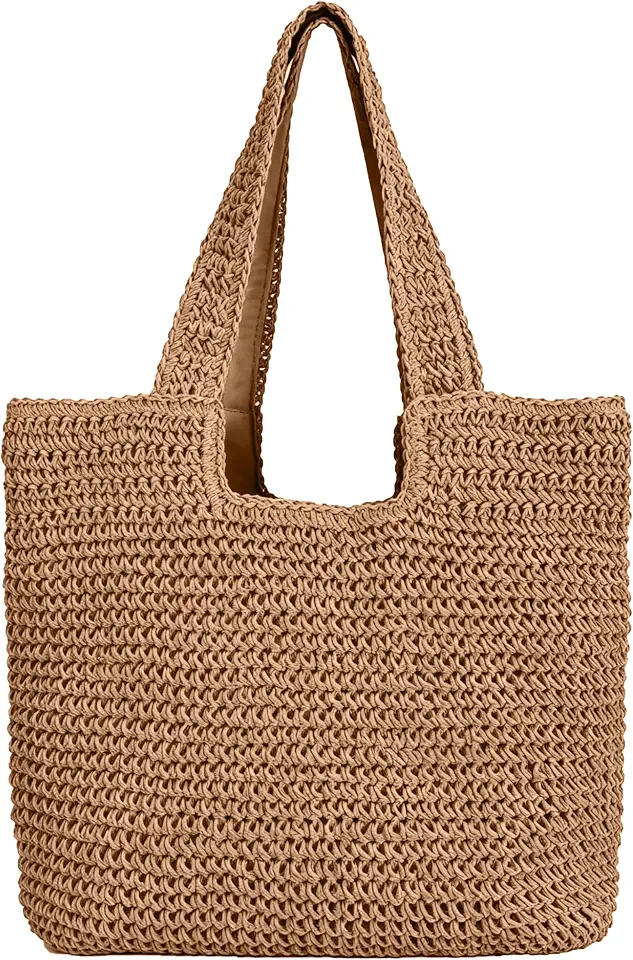 Straw Beach Bag, Woven Tote Bag with Zipper Summer Purse for Women