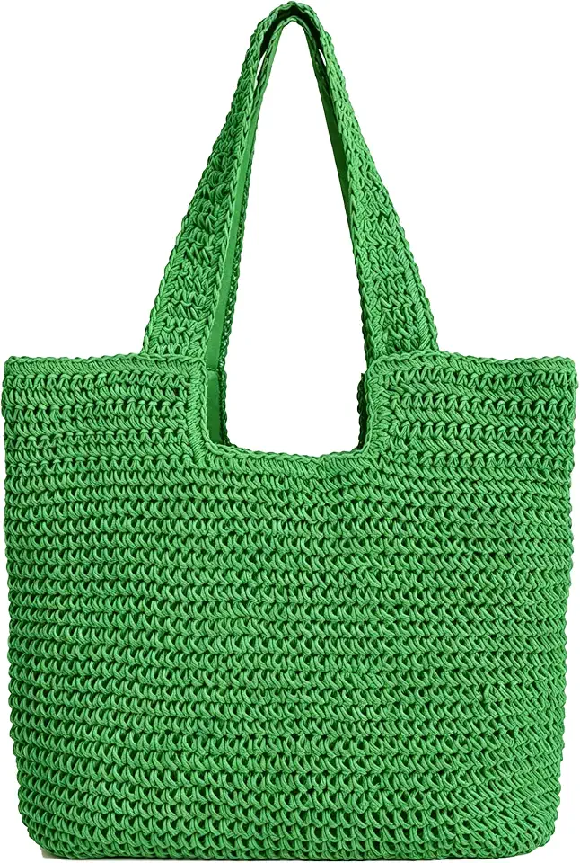 Straw Beach Bag, Woven Tote Bag with Zipper Summer Purse for Women