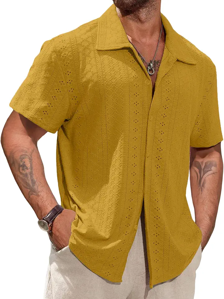 Vssjavun Men's Short Sleeve Button Down Shirts Lightweight Hollow Texture Summer Beach Vacation Shirt