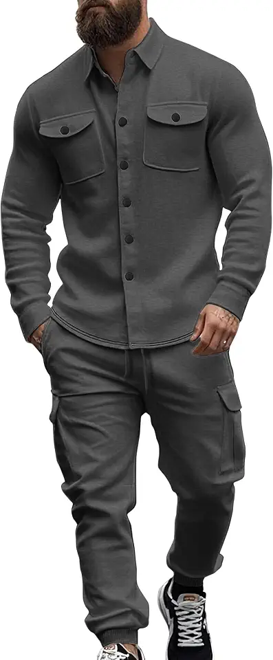 Men's Fleece Cargo Jacket Tracksuit Set 2 Pieces Solid Color Long Sleeve Button up Jacket and Cargo Pants Set