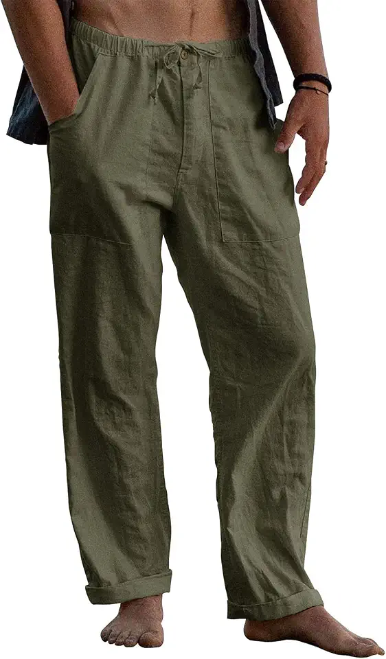 Men's Olive Green Linen Drawstring Pants