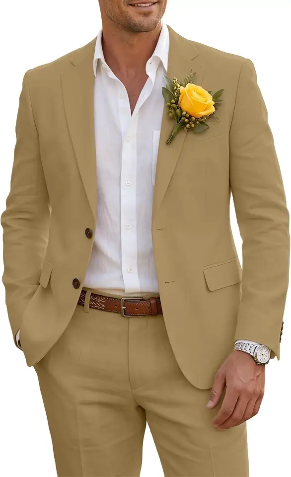 Global Recycled Standard Wehilion Men's Slim Fit Linen 2 Piece Suit Summer Beach Wedding Business