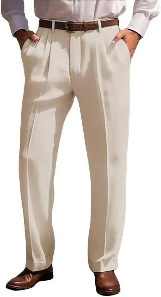 Men's Linen Casual Pants Adjustable Waist Straight Leg Pants Rolled Hem Breathable Summer Beach Vacation Trousers