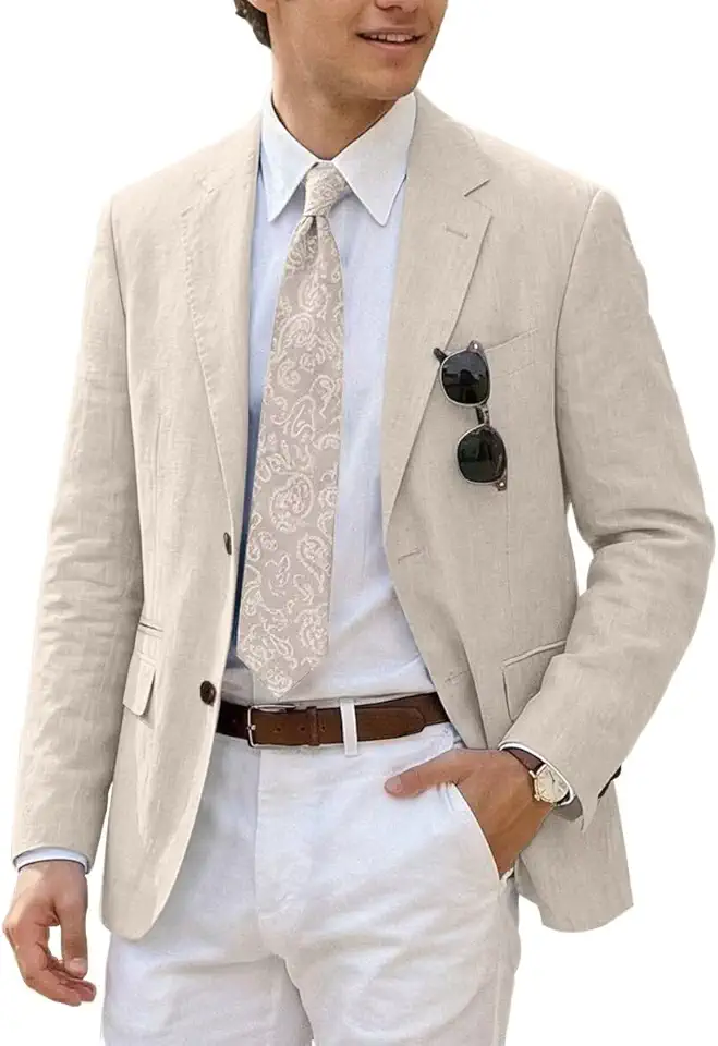 Mens Suits Linen Casual Blazer Lightweight Linen Sport Coat Two Button Men Suit Jacket for Wedding Prom Party
