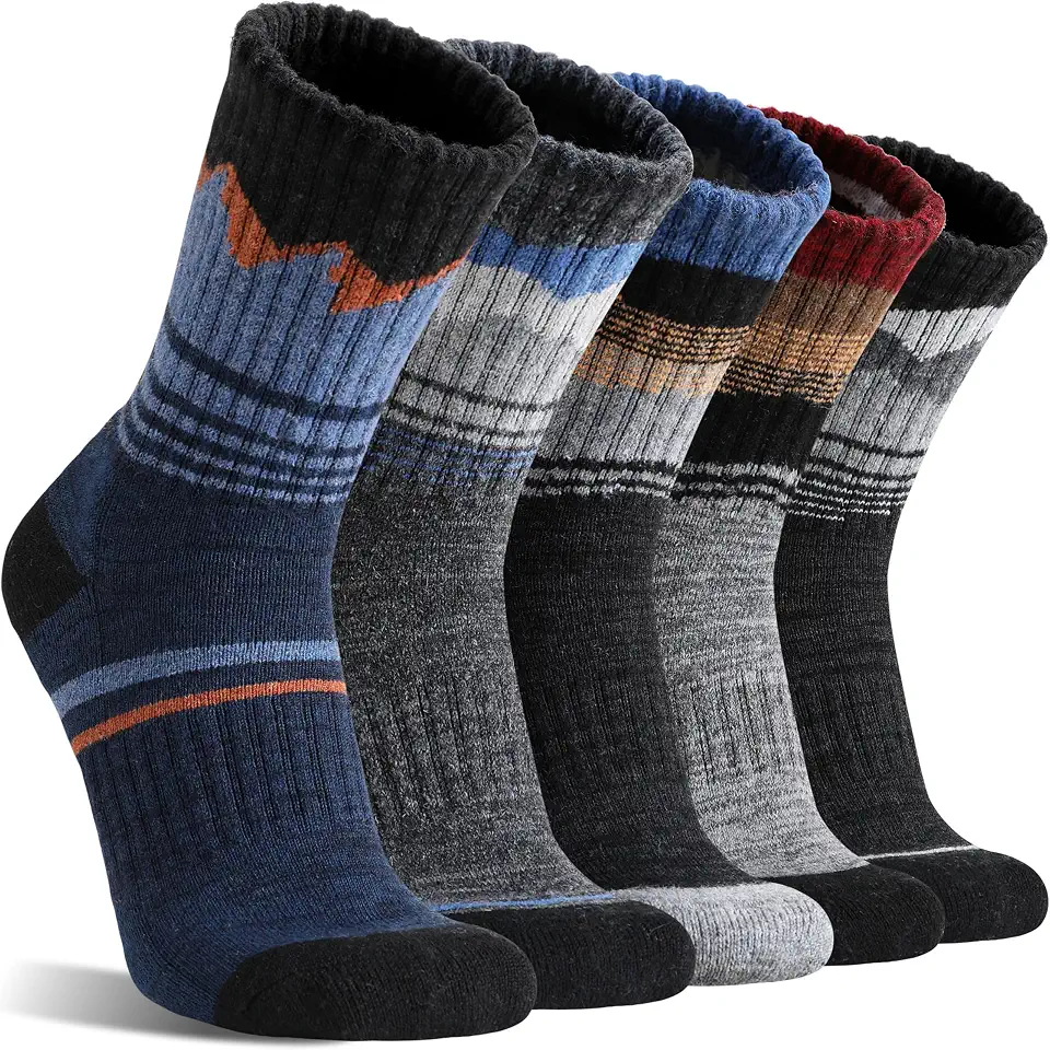 Global Recycled Standard Sandsuced Merino Wool Hiking Warm Socks Thermal Winter Cozy Crew Socks with Cushioned Sole & Moisture Wicking 5 Pairs for Men