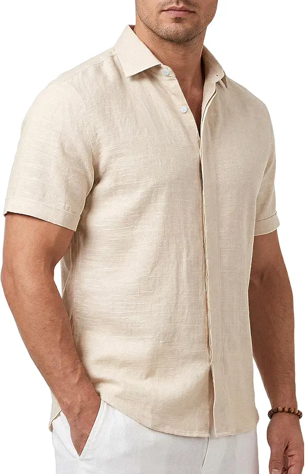 Men's Cream Linen Camp Collar Shirt