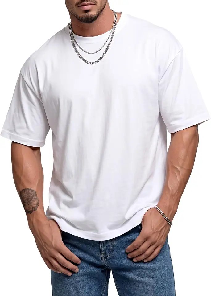 Men Heavyweight Blank Cotton T-Shirt Crew Neck Loose Fit Basic Casual Summer Short Sleeve Street Tee