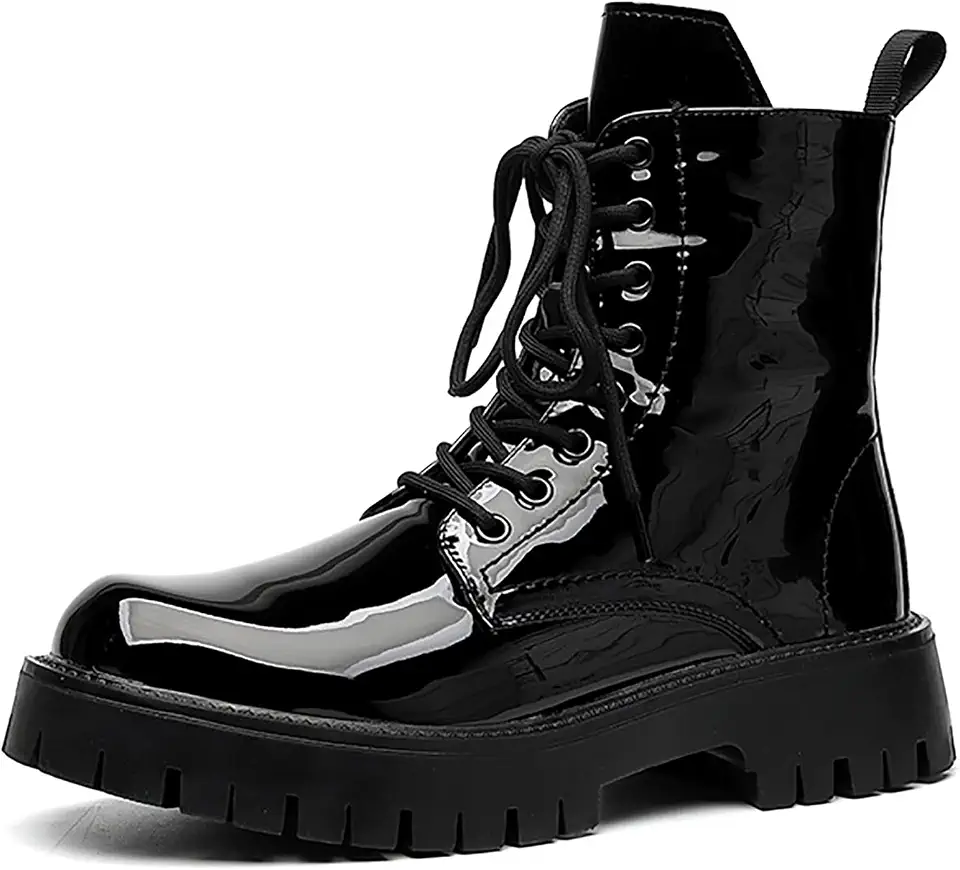 Men'S Black Patent Leather Platform Combat Boots Fashion Side Zipper Wide Toe Lace Up Chunky Lug Sole High Top Motorcycle Boots Comfort Waterproof Non-Slip Casual Ankle Booties