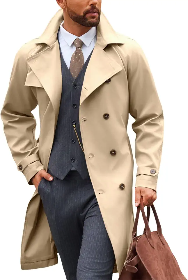 Runcati Mens Trench Coat Double Breasted Windbreaker Long Jacket Overcoat