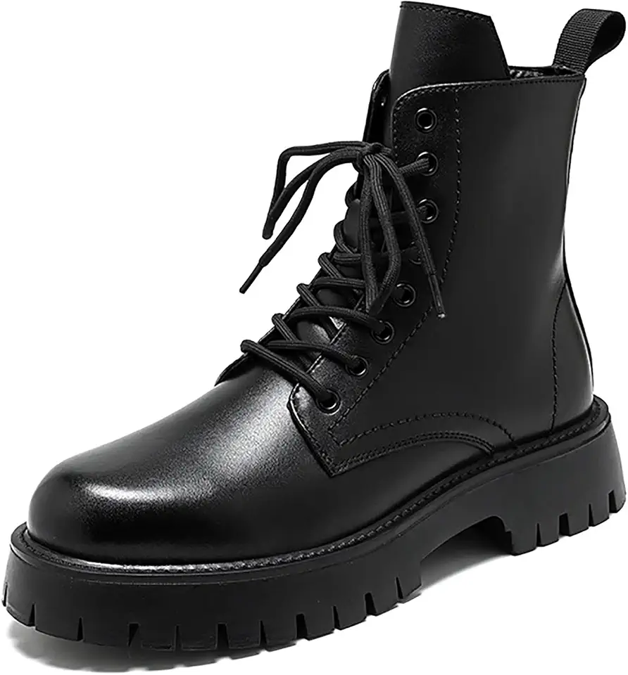 Men'S Black Patent Leather Platform Combat Boots Fashion Side Zipper Wide Toe Lace Up Chunky Lug Sole High Top Motorcycle Boots Comfort Waterproof Non-Slip Casual Ankle Booties