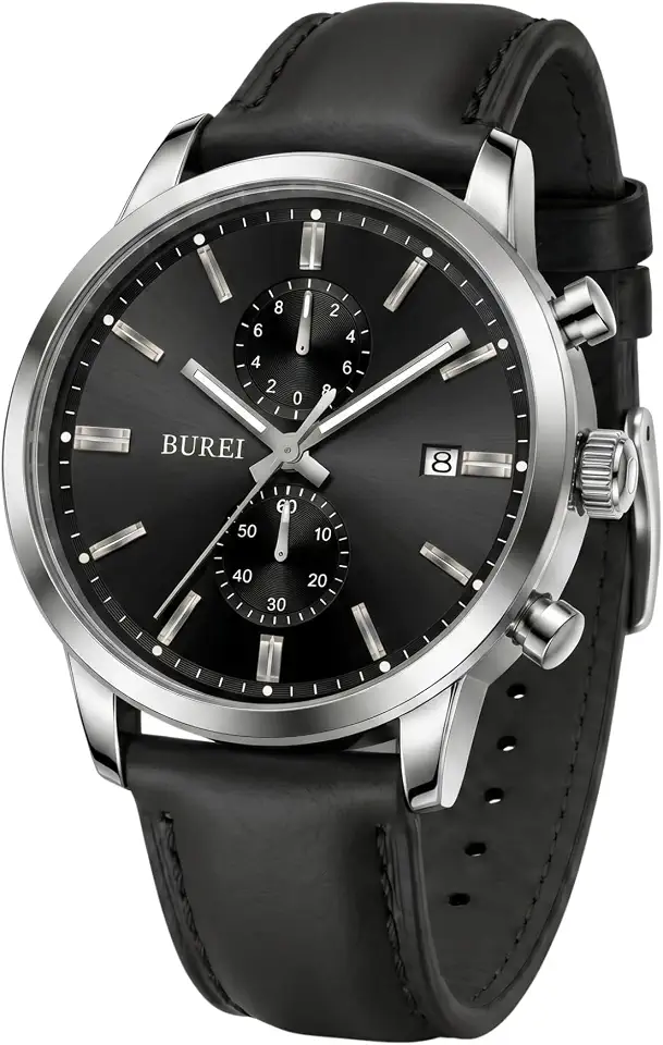 BUREI Men's Leather Watches Chronograph Quartz Watches for Men Classic Cool Lightweight Wristwatch,Gift for Dad Husband Boyfriend
