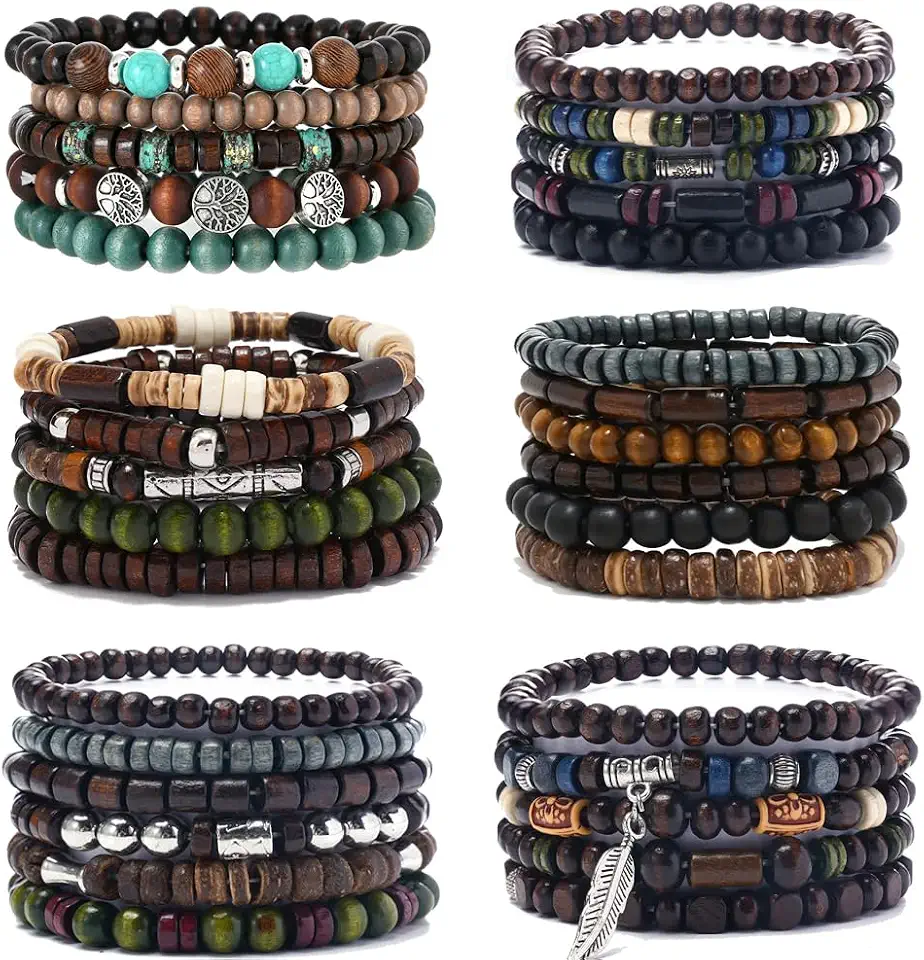 FIRAZIO 32 Pcs Wooden Beaded Bracelets for Men