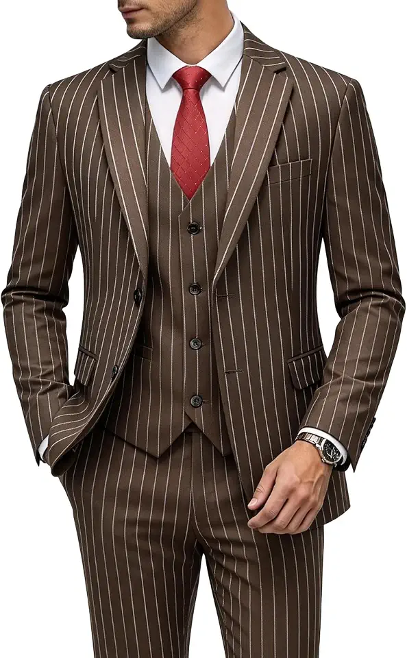 MOGU Mens 3 Piece Pinstripe Suit Slim Fit Double Vents Tuxedo Jacket Vest & Pants Casual Dress Set