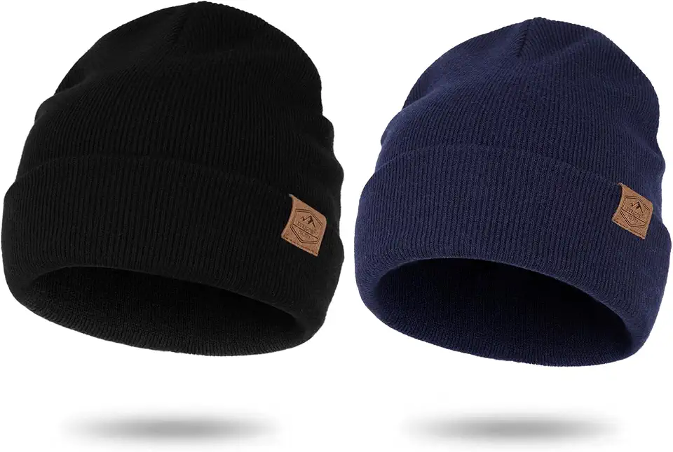 OEKO-TEX STANDARD 100 2pcs Merino Wool Warm Beanie Hats Winter Cuffed Ribbed Knit Beanie Hat for Men Women Toboggan Cap