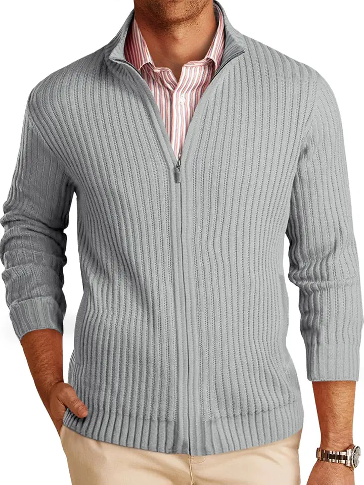 Runcati Mens Full Zip Cardigan Sweater Casual Mock Neck Ribbed Knitted Winter Chunky Sweaters