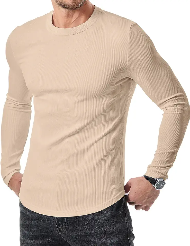 JMIERR Mens T Shirt Muscle Gym Long Sleeve Anti-Wrinkle Ribbed Shirts