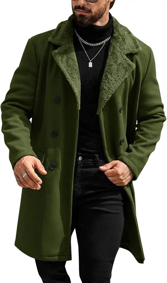 Runcati Mens Trench Coat Fleece Jacket Fall Winter Fuzzy Pea Coats Overcoat