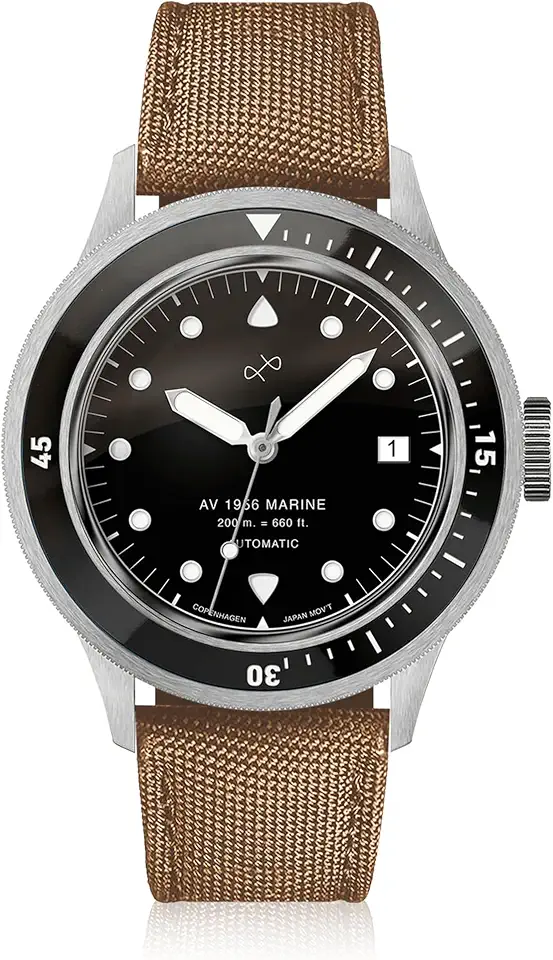 About Vintage 1956 Marine Automatic Men’s Watch – Black Dial, 41 mm Stainless Steel Case, Sapphire Crystal, 200 m Water Resistant Diver’s Watch