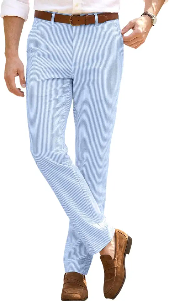 Mens Seersucker Pants Casual Summer Men's Dress Pants Wedding Grooms Outfit