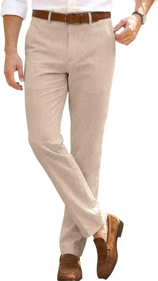 Mens Seersucker Pants Casual Summer Men's Dress Pants Wedding Grooms Outfit