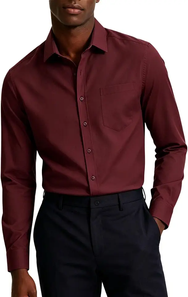 Mens Long Sleeve Dress Shirts Slim Fit Button Down Solid Cotton Business Wedding Shirt with Pocket
