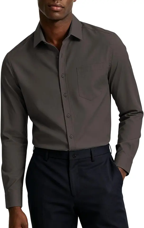 Mens Long Sleeve Dress Shirts Slim Fit Button Down Solid Cotton Business Wedding Shirt with Pocket