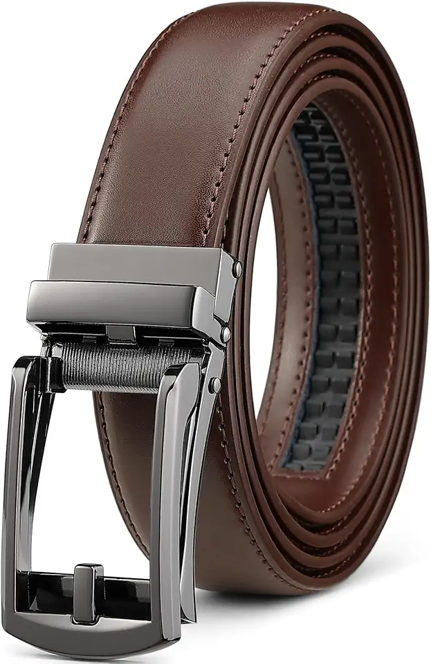 Mens Ratchet Belt Leather Click 1 1/4" with Slide Buckle, Casual Dress Belt Adjustable