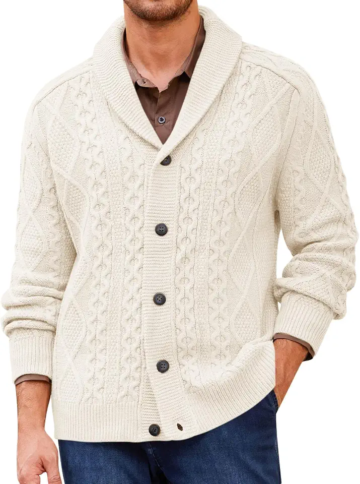 Runcati Mens Cardigan Sweater Cable Knit Shawl Collar Outerwear