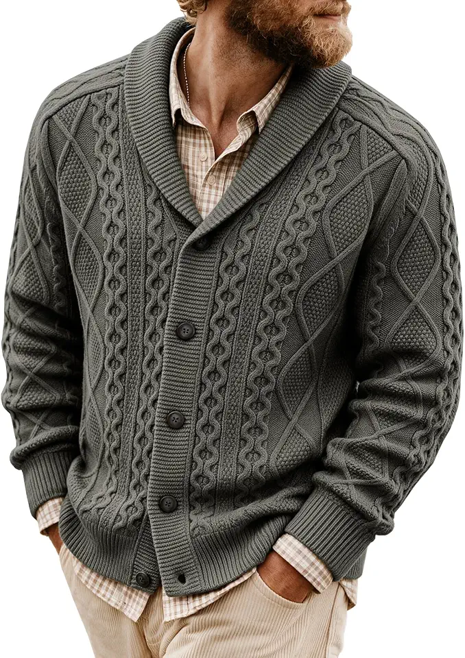 Runcati Mens Cardigan Sweater Cable Knit Shawl Collar Outerwear