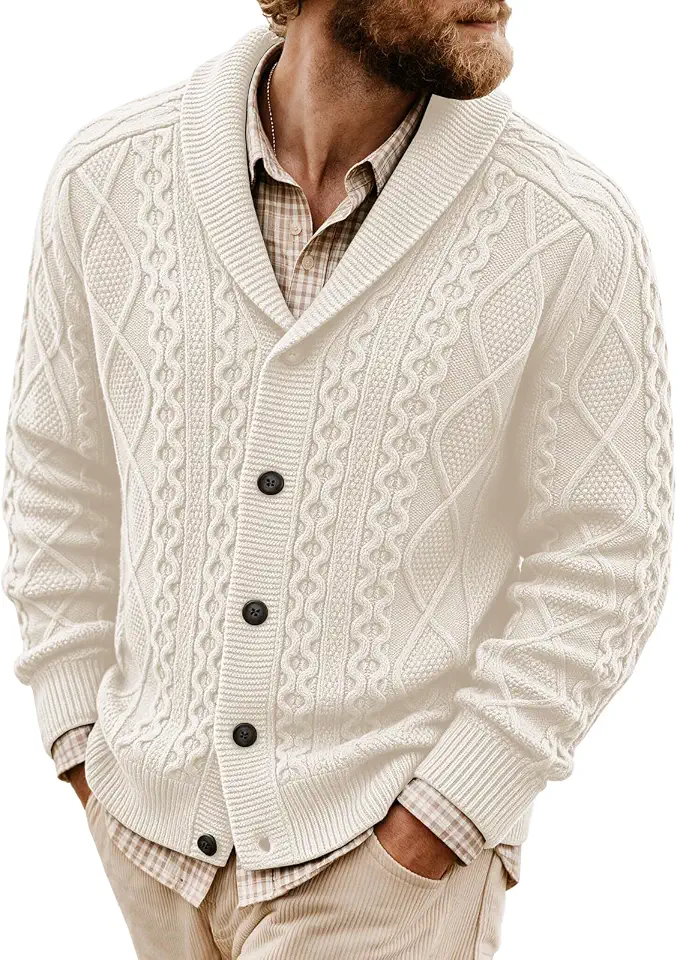 Runcati Mens Cardigan Sweater Cable Knit Shawl Collar Outerwear