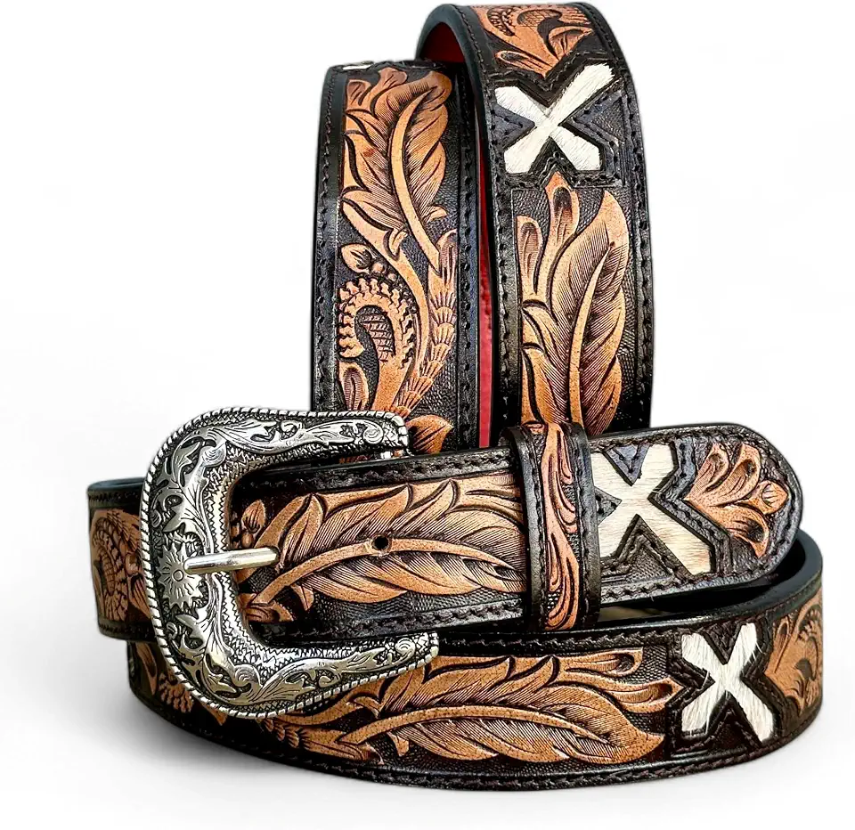 Western Belt for Men Full Grain Leather Handmade Tooled Cowboy Belt with Removable Buckle 1.5”