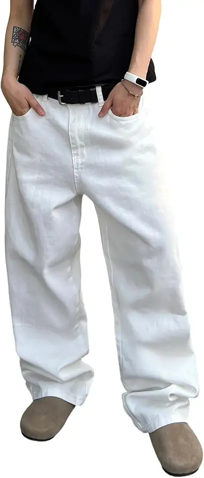 Men's Wide Leg Off White Cotton Denim Jeans