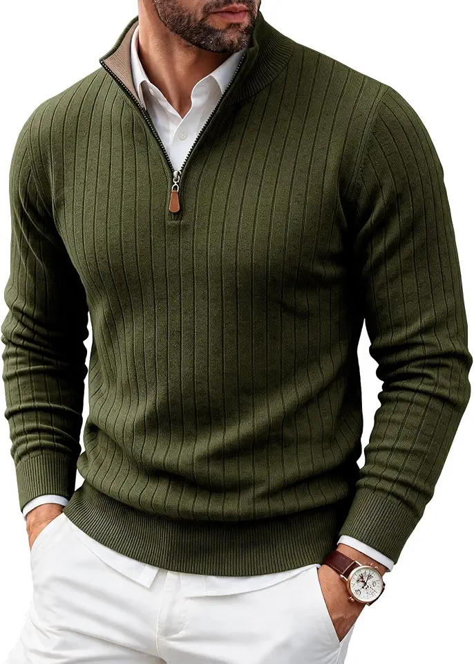 Men's Olive Green Ribbed Quarter Zip Sweater