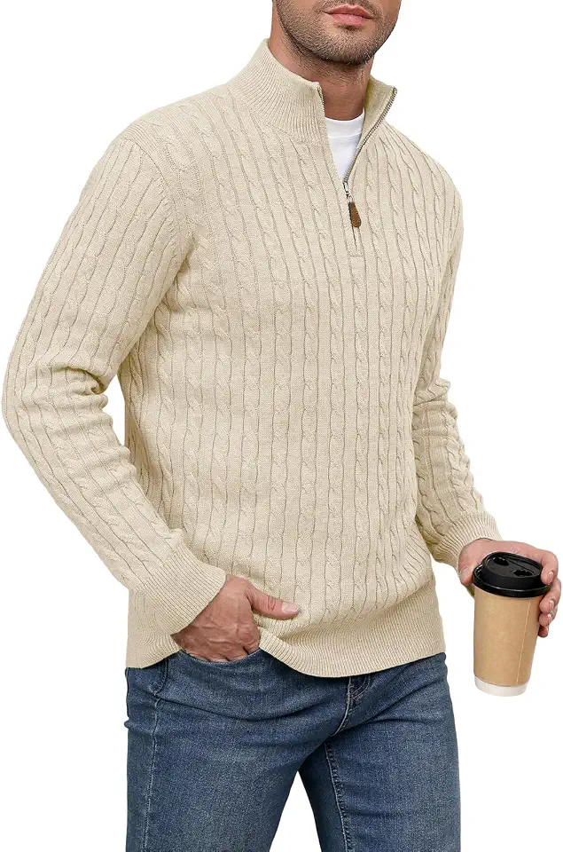 Auxo Men's Quarter Zip Pullover Cable Knit Sweater Long Sleeve Mock Neck Texture Knitted Sweaters Polo Fall Winter Clothes