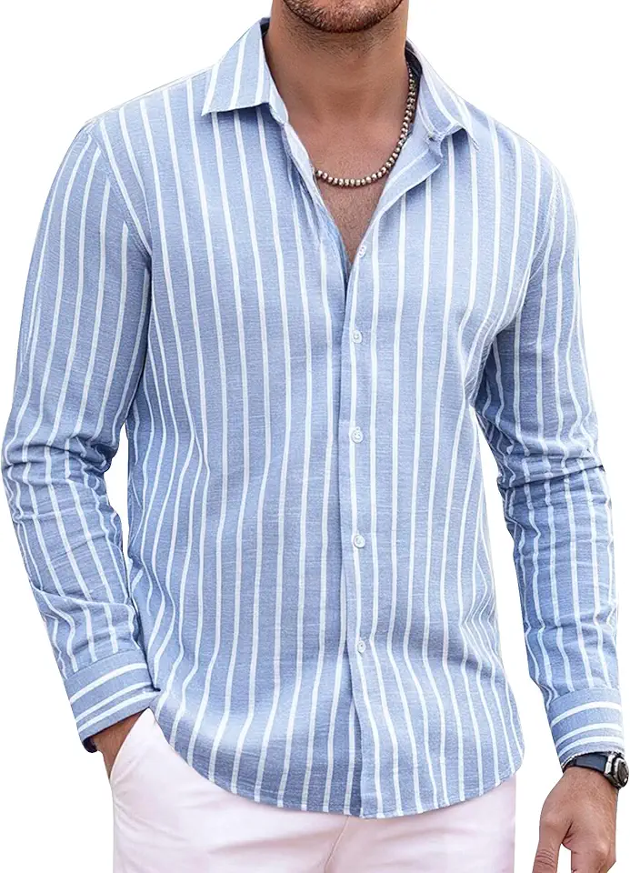 Men's Regular Fit Light Blue Long Sleeve Spread Collar Striped Linen Shirt