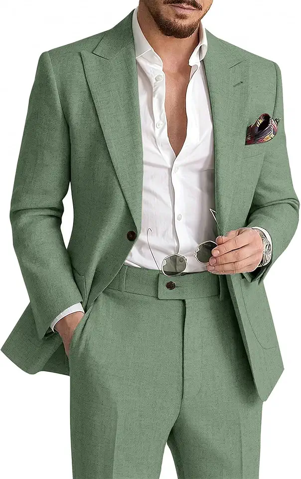 Mens Linen Suit 2 Piece Casual Suits for Men Summer Beach Groom Wedding Suit Linen Blazer Pants Set