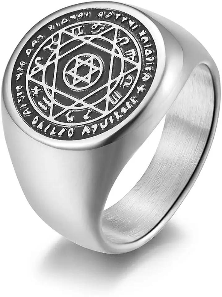 Silver Talisman Seal Solomon Signet Rings Stainless Steel Band Men