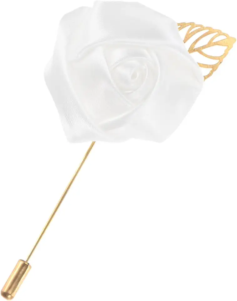 M METERXITY 1-Pack Flower Lapel Pins for Men, Golden Leaf Rose Boutonnieres Pin Groom Boutonnieres for Wedding/Dance/Party, Men Lapel Pins for Suits Satin Flower Corsage [Pure White]