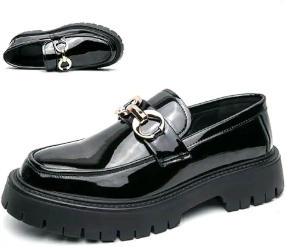 Men's Patent Leather Chunky Platform Penny Loafers with Metal Decoration Slip-On Lug Sole Dress Business Work Shoes Daily Non-Slip Shock Absorbing Casual Shoes