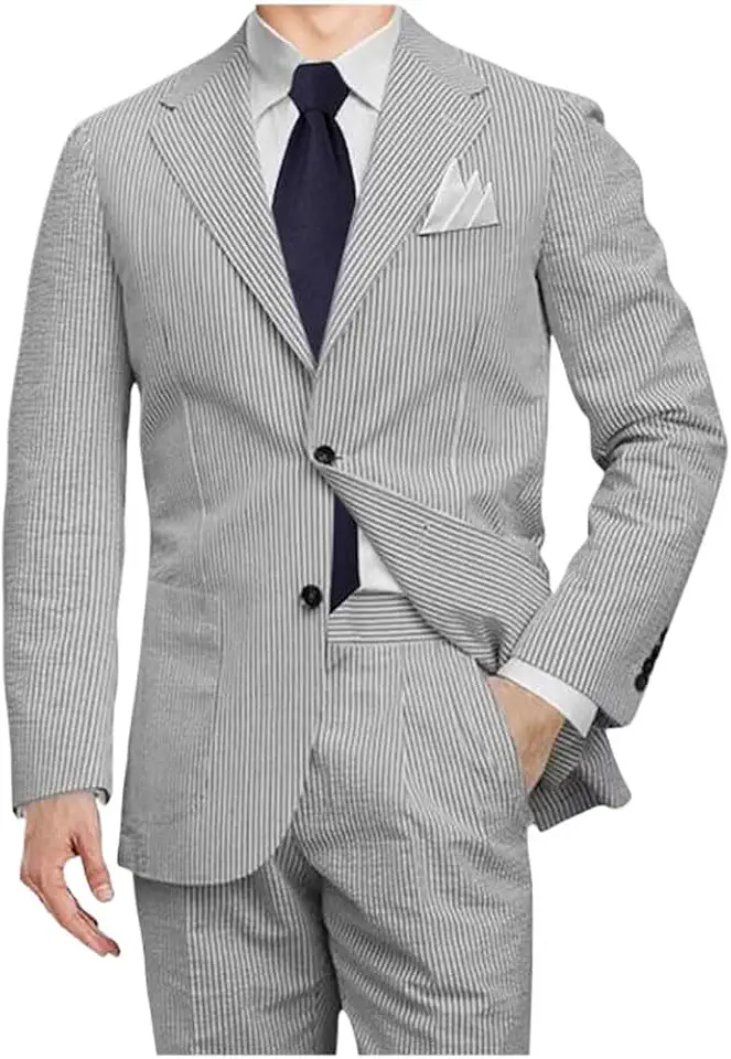 Mens Seersucker Suit 2 PC Prom Party Suit Summer Beach Wedding Tuxedos Groosmen Tuxedo