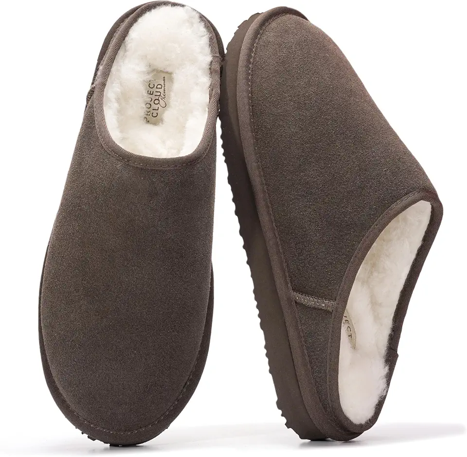PROJECT CLOUD Mens Slippers 100% Genuine Leather Shearling Slippers for Men