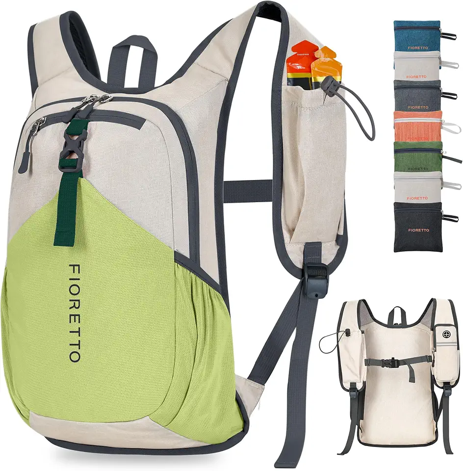 Global Recycled Standard FIORETTO 15L Hiking Backpack for Men Women Lightweight Foldable Small Daypack for Travel Camping Outdoor, Beige and Green