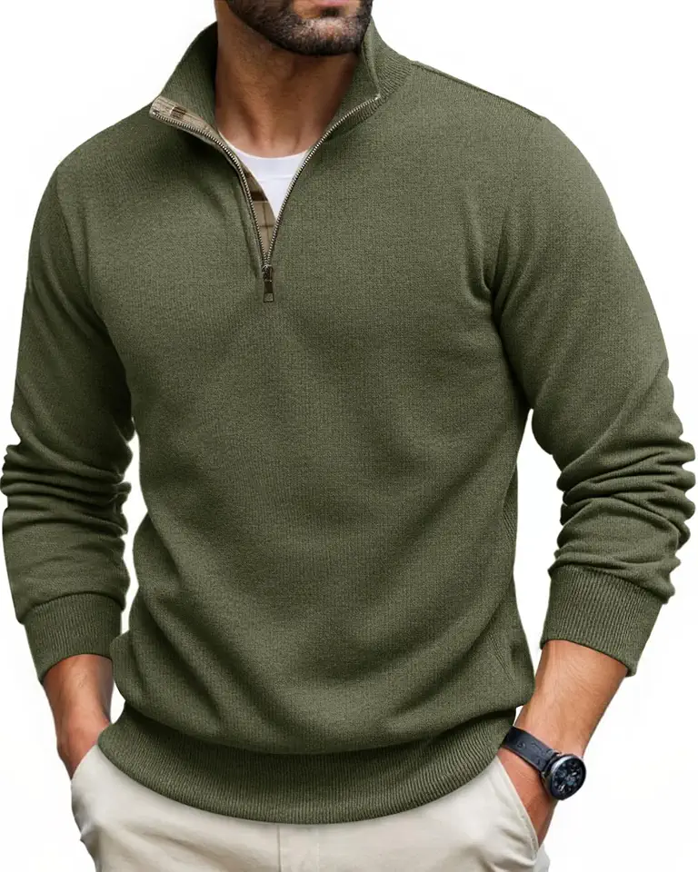 Runcati Mens Quarter Zip Pullover Sweater Slim Fit Knit Casual Polo Sweater