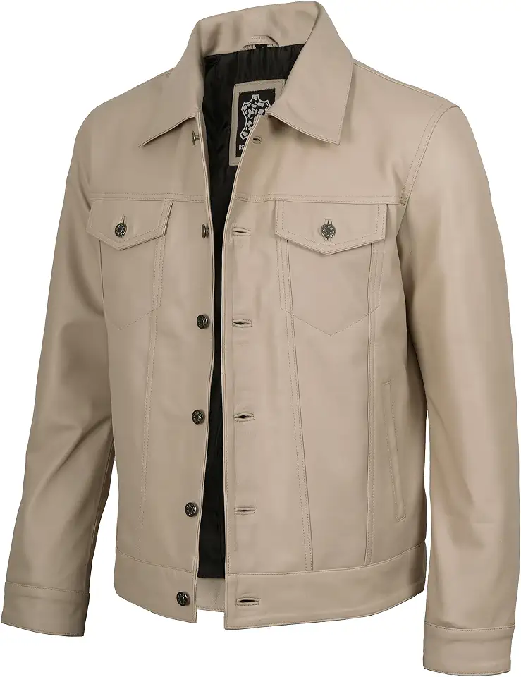 Blingsoul Men's Leather Trucker Jacket - Vintage Real Full-Grain Lambskin Leather Jacket for Men with Shirt Style Collar