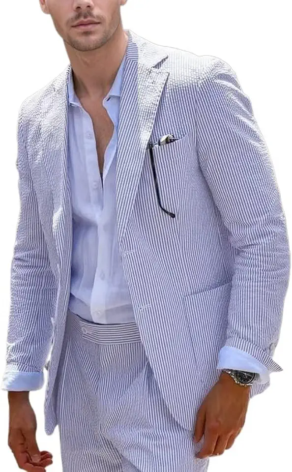Global Recycled Standard Men's Blue Seersucker Suit 2 Piece Summer Beach Wedding Groom Suit