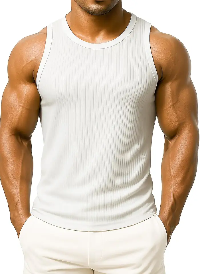 Mens High Neckline Tank Top Gym Workout Sleeveless Ribbed Solid Tank Top Athletic Shirts